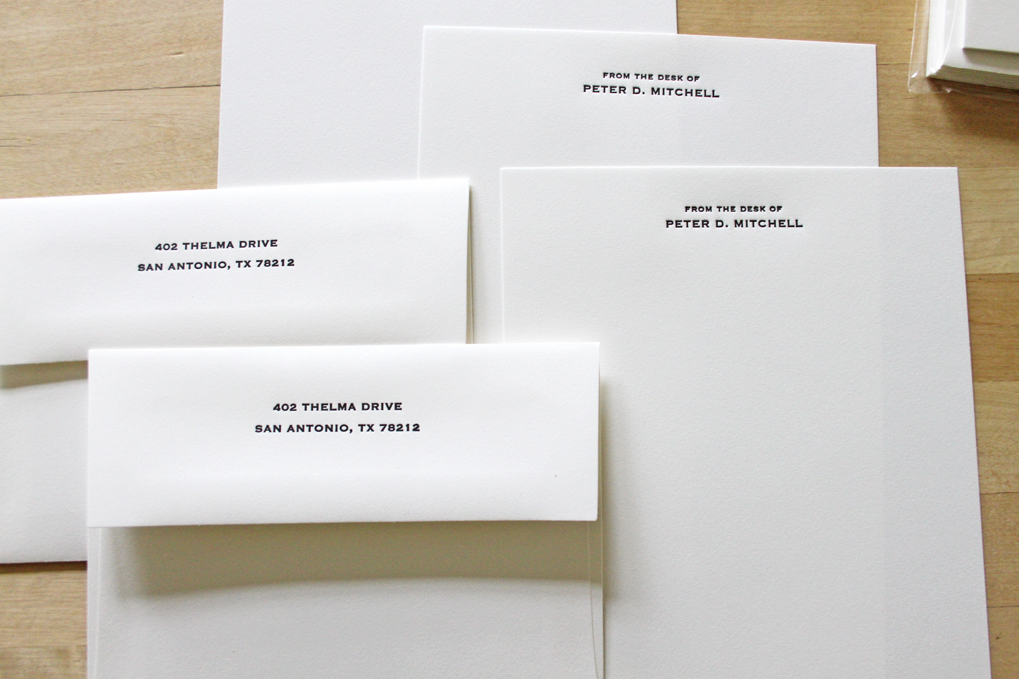 Letterpress letter sheets and note cards printed with the inscription 'From the desk of Peter D. Mitchell'